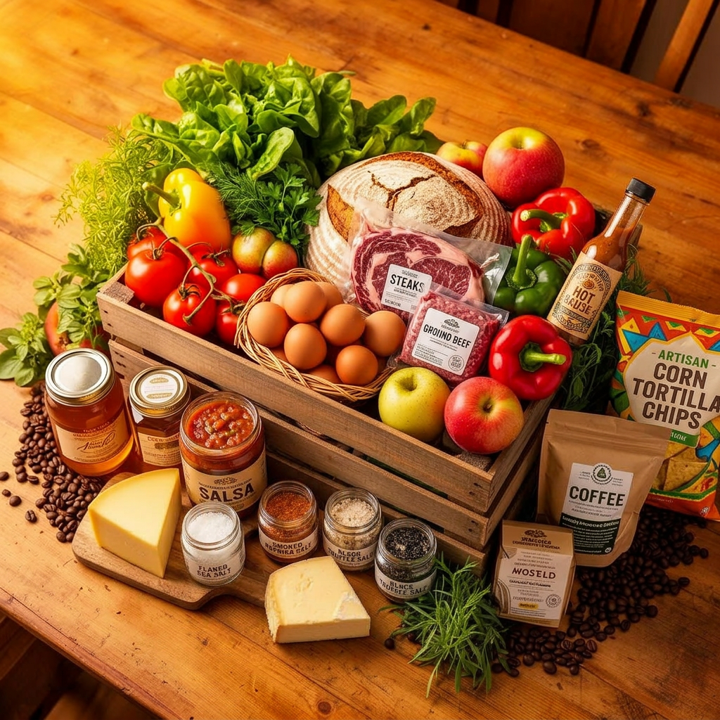 Harvest Box filled with fresh produce, eggs, bread, meats and pantry goods