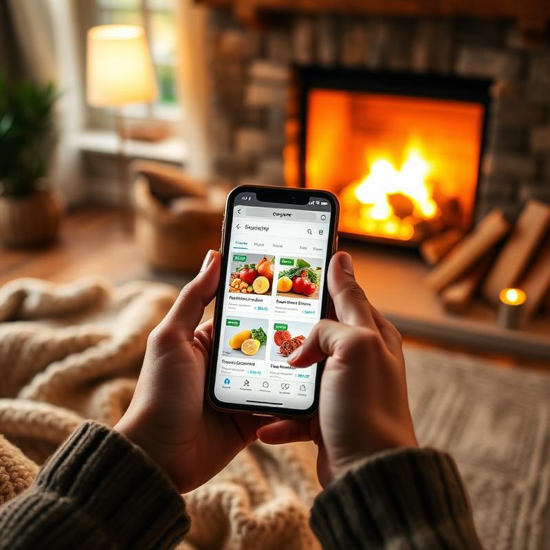 Customer browsing the shop on a phone by a cozy fireplace