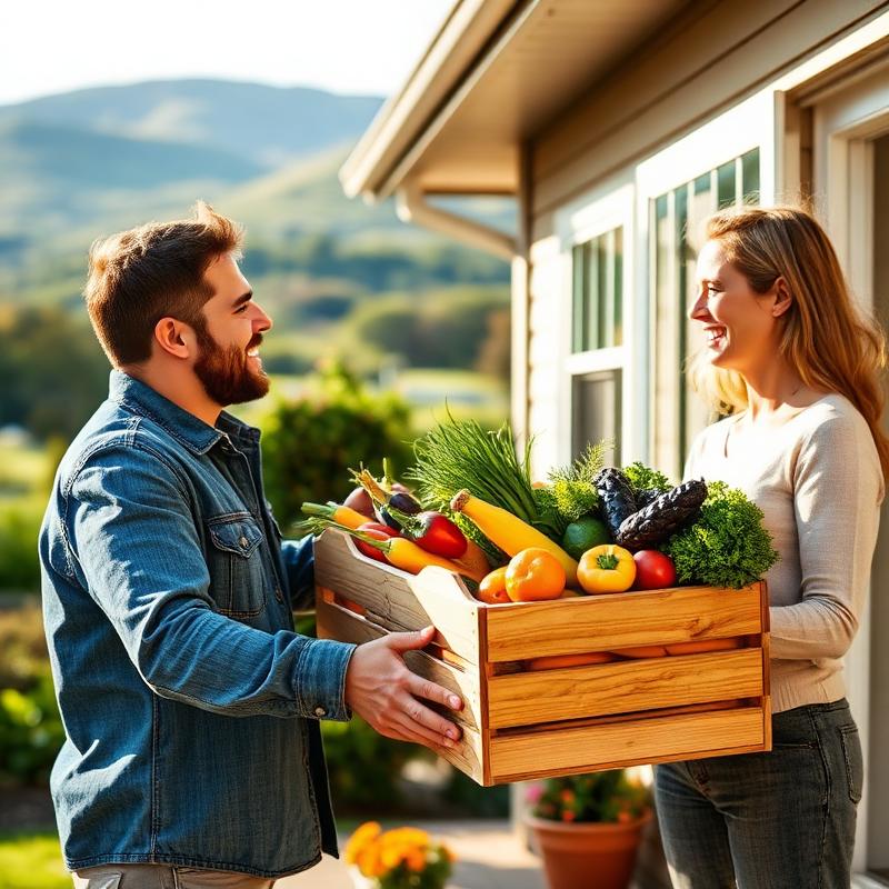 Friendly delivery handing a crate of fresh vegetables at the front door